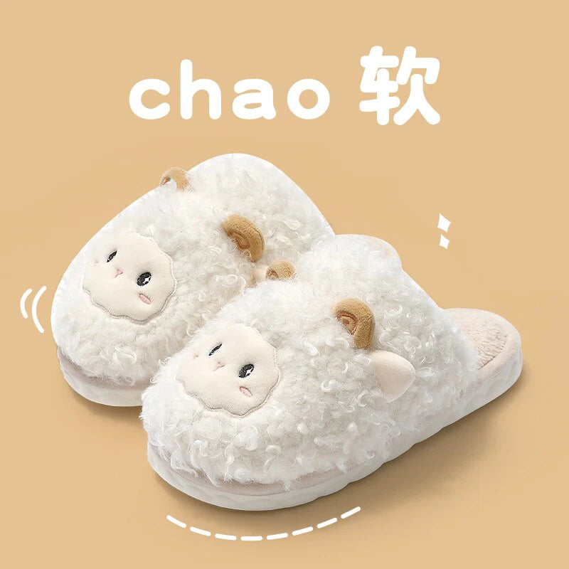 Winter Warm Womens Men Autumn Cotton Cartoon Fur Cozy Slippers Home Indoor Flat Non-Slip Cute Plush Couple Ladies Slides Shoes