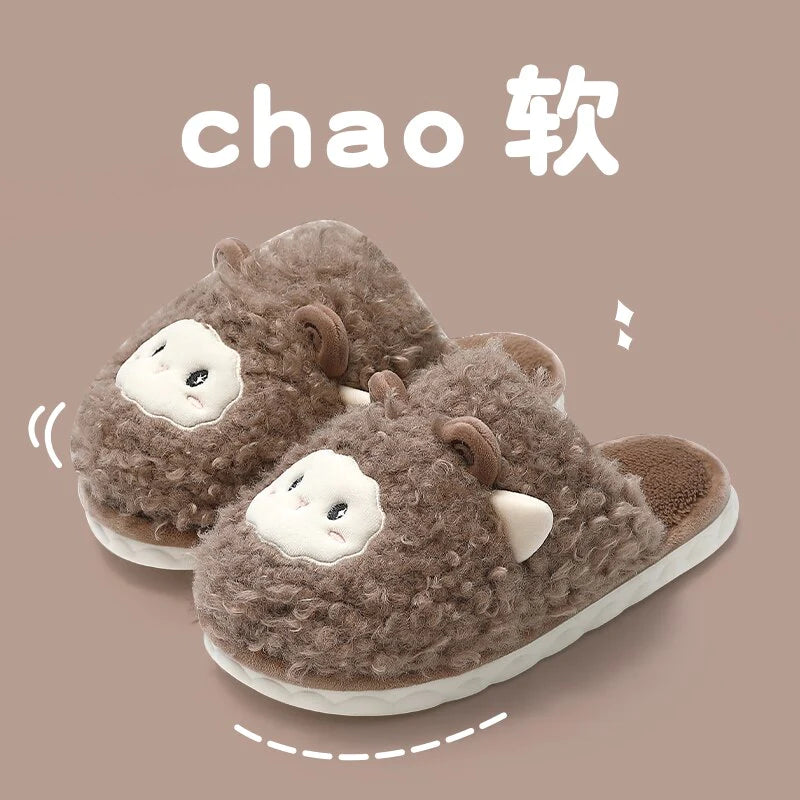 Winter Warm Womens Men Autumn Cotton Cartoon Fur Cozy Slippers Home Indoor Flat Non-Slip Cute Plush Couple Ladies Slides Shoes