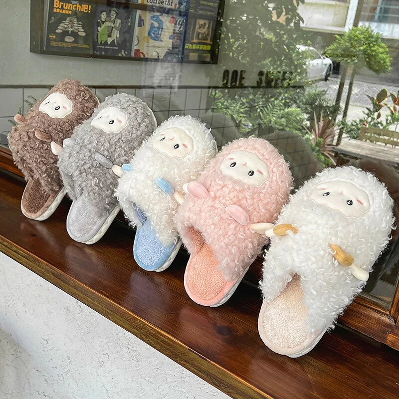 Winter Warm Womens Men Autumn Cotton Cartoon Fur Cozy Slippers Home Indoor Flat Non-Slip Cute Plush Couple Ladies Slides Shoes