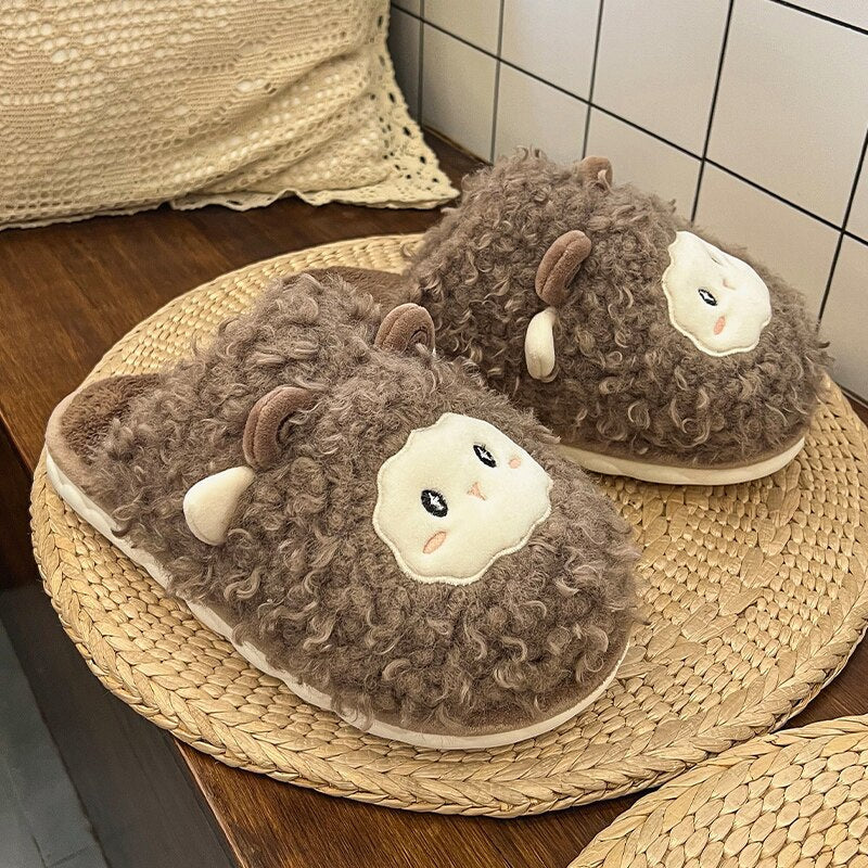 Winter Warm Womens Men Autumn Cotton Cartoon Fur Cozy Slippers Home Indoor Flat Non-Slip Cute Plush Couple Ladies Slides Shoes