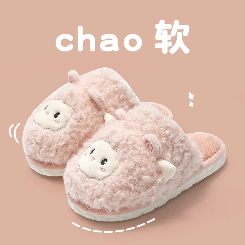 Winter Warm Womens Men Autumn Cotton Cartoon Fur Cozy Slippers Home Indoor Flat Non-Slip Cute Plush Couple Ladies Slides Shoes