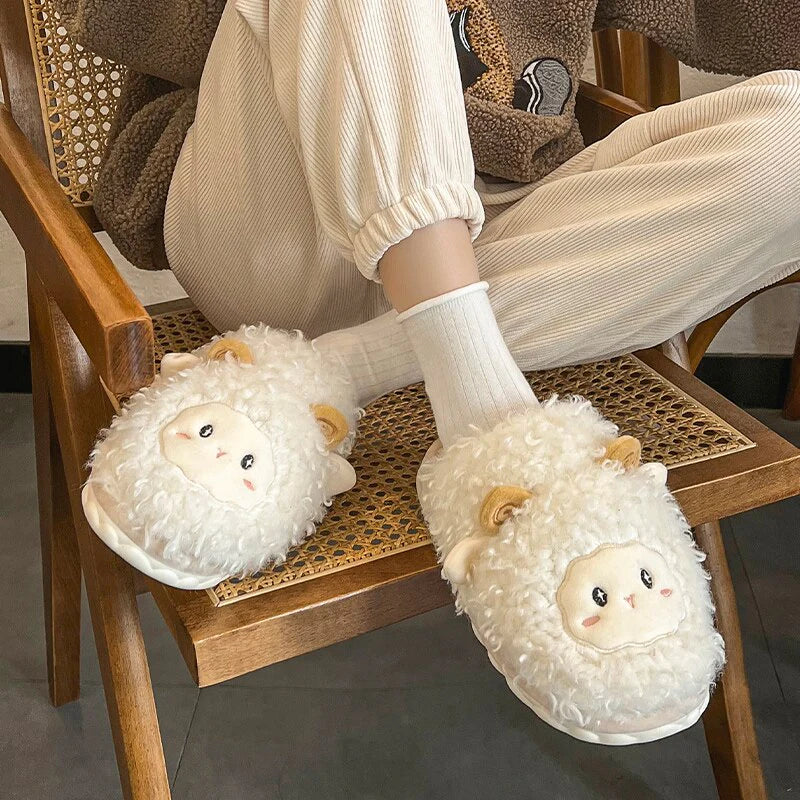 Winter Warm Womens Men Autumn Cotton Cartoon Fur Cozy Slippers Home Indoor Flat Non-Slip Cute Plush Couple Ladies Slides Shoes