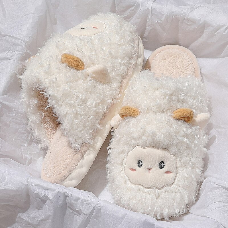 Winter Warm Womens Men Autumn Cotton Cartoon Fur Cozy Slippers Home Indoor Flat Non-Slip Cute Plush Couple Ladies Slides Shoes