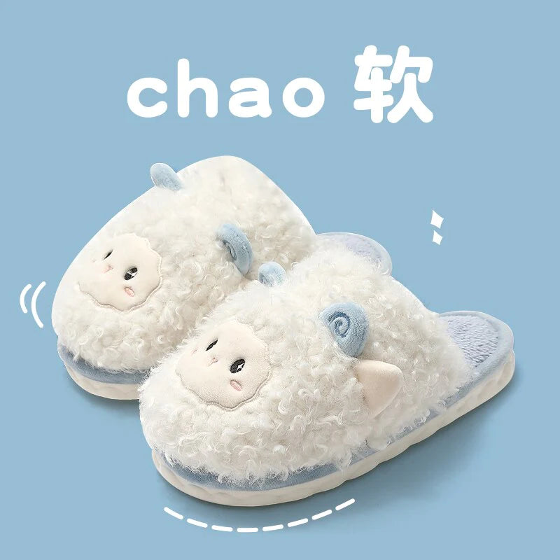 Winter Warm Womens Men Autumn Cotton Cartoon Fur Cozy Slippers Home Indoor Flat Non-Slip Cute Plush Couple Ladies Slides Shoes