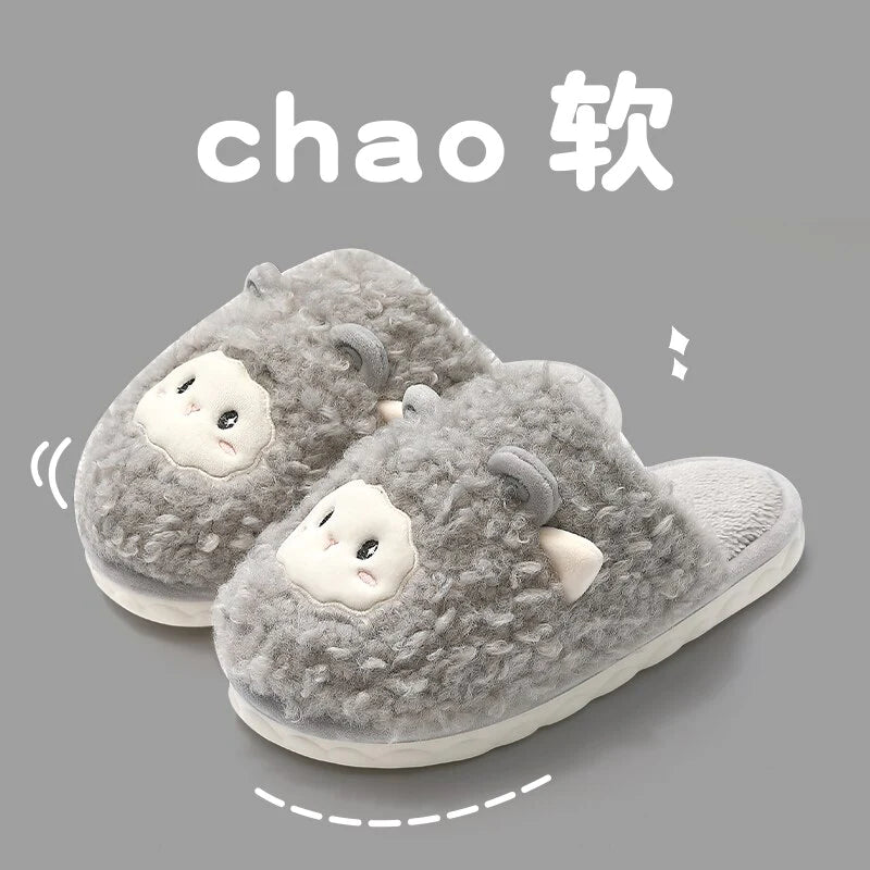 Winter Warm Womens Men Autumn Cotton Cartoon Fur Cozy Slippers Home Indoor Flat Non-Slip Cute Plush Couple Ladies Slides Shoes